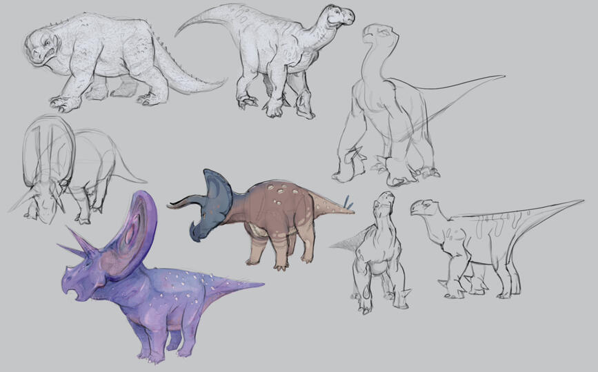Ceratopsids and Iguanadons my pretties my pretties. I am RAVING over how buff Iguanadon front limbs were irl and this is a severe missed opperunity for a rock/fighting fossil