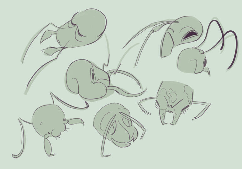 Bug characters pt.1, referencing ant photos to create some interesting head shapes