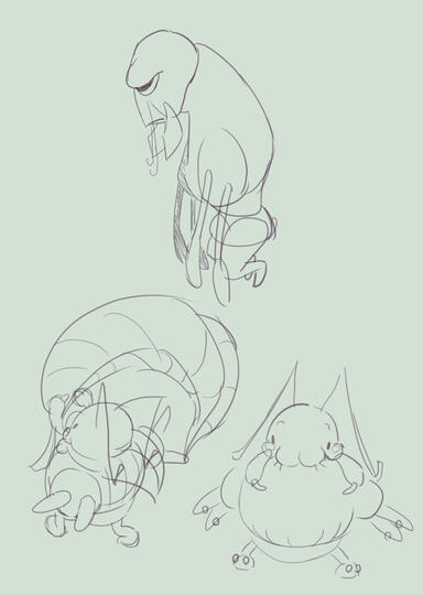 Bug characters pt. 2, decided to make a big mopey ant and a small jolly ant, playing around with details and how to incorporate leaves into the smaller ant's clothing