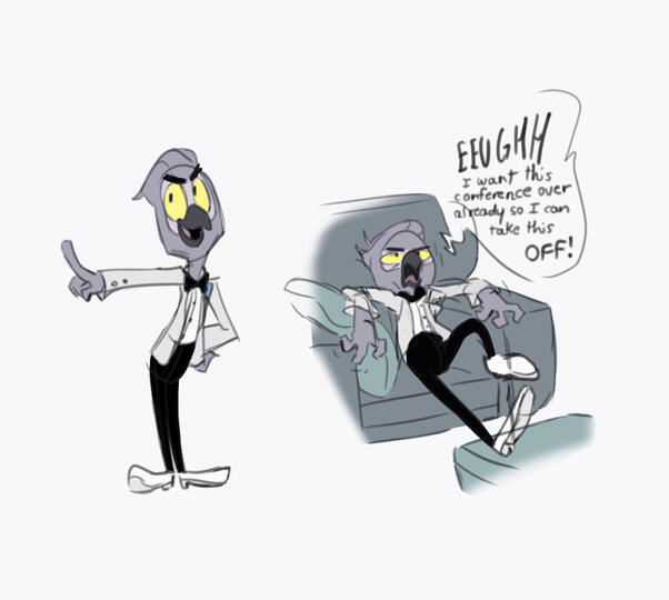 HC that Beaks looks AMAZING in a suit (which he does) but is hypersensitive to the tight fit and prefers to exclusively wear looser clothes.