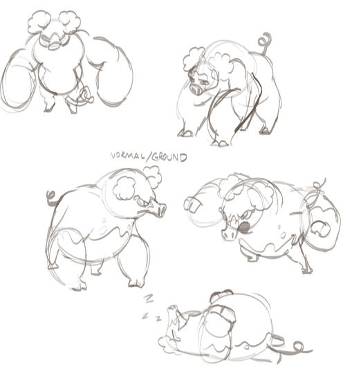 Some takes on a Lechonk evo, thinkin it would be cute to give it truffle ears and brown dig mud patterns