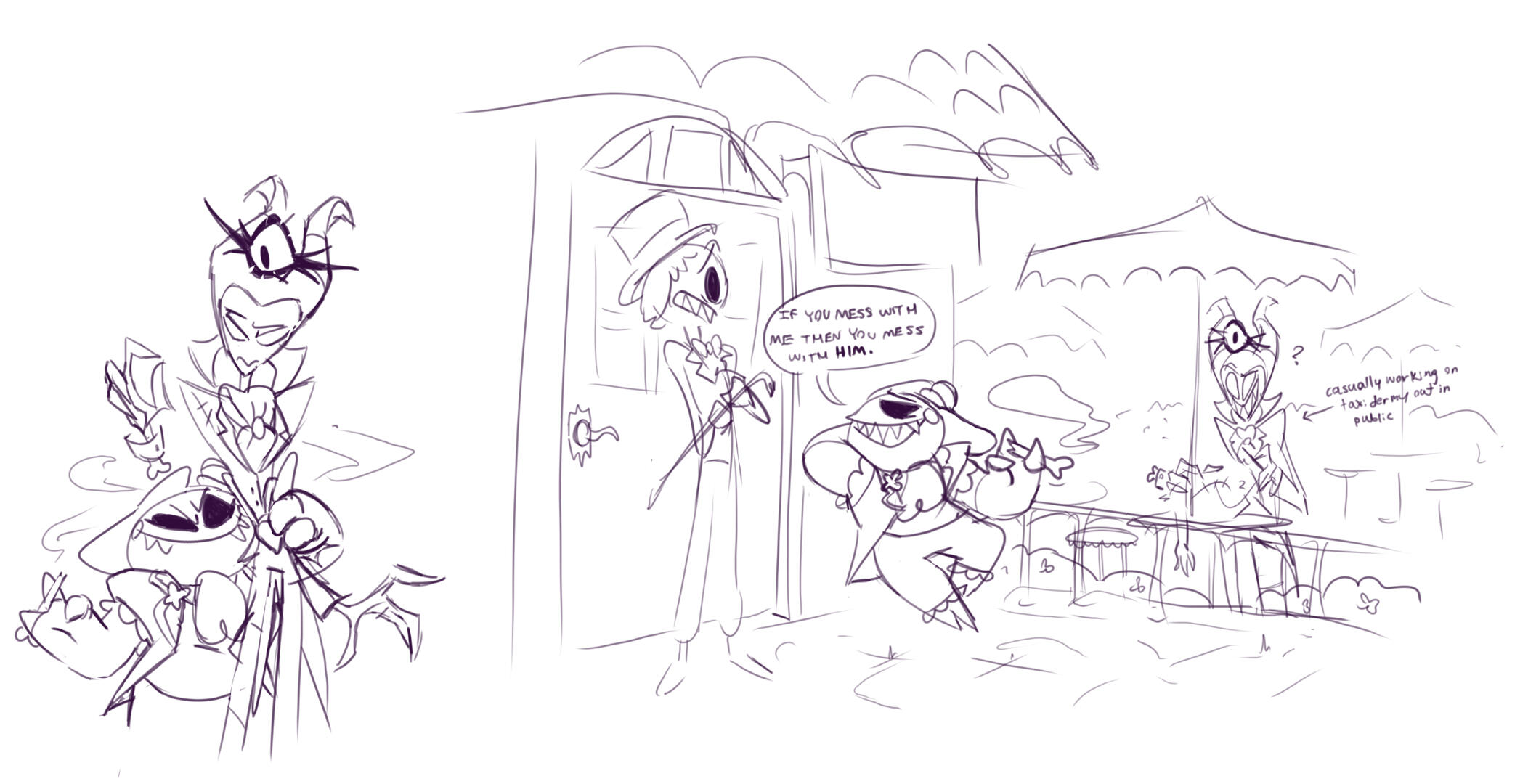 The Hazbin OCs collide (that silly tall guy is my friend's)