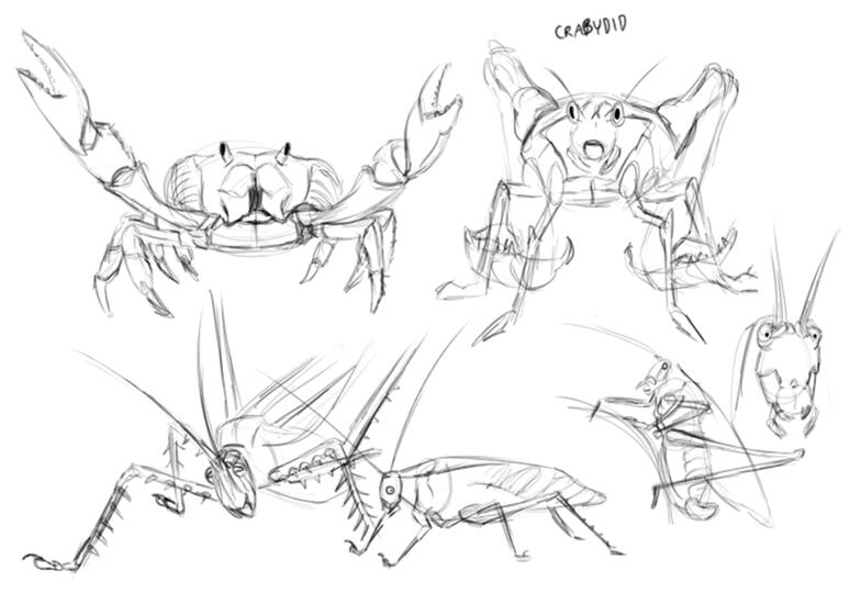 Little crab/katydid studies I did before life drawing, including the all new fusion species "crabydid"